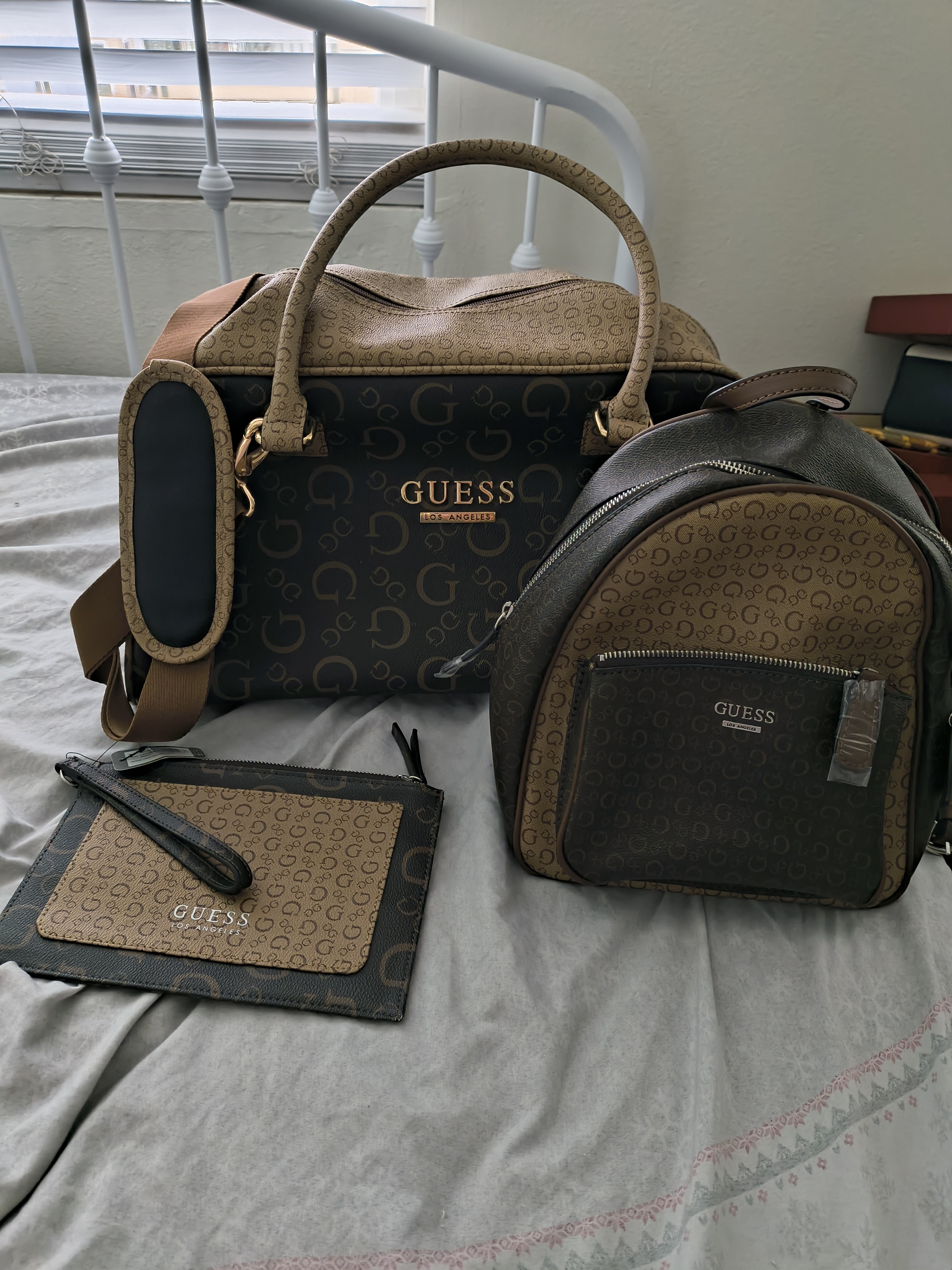 Guess Brown Monogram Travel Duffel Bag With Matching Backpack & Pouch